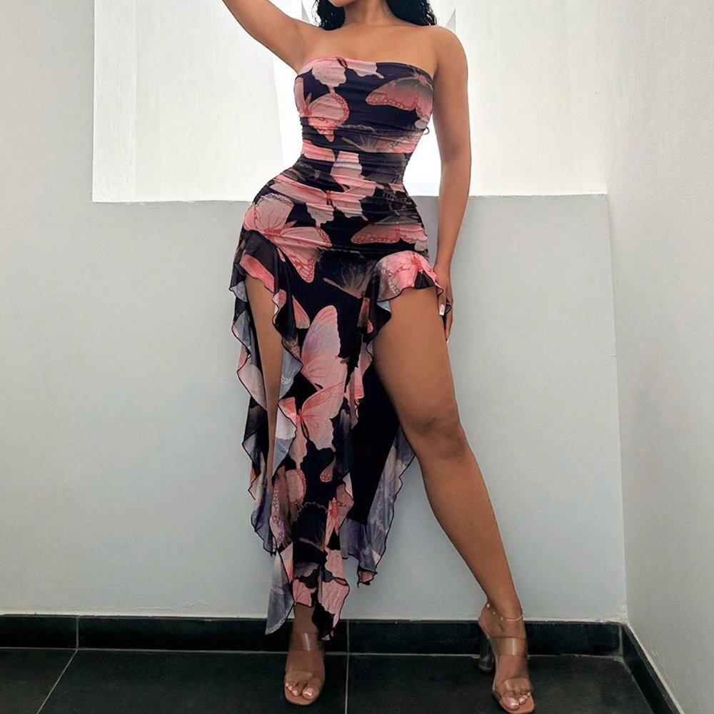 Pink Sexy Women's Butterfly Print Ruffle Hem Backless High Slit Fitted Dress - Picture 5 of 5